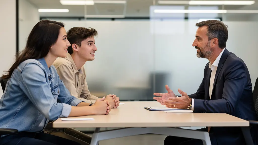 Conseiller en financement immobilier en discussion avec un couple dans un bureau moderne
