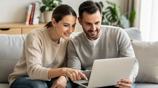 Couple français trentenaire consultant ensemble un écran d'ordinateur pour leur projet immobilier