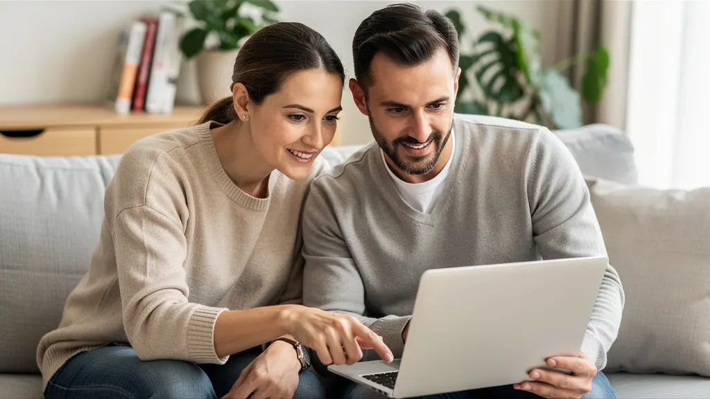 Couple français trentenaire consultant ensemble un écran d'ordinateur pour leur projet immobilier