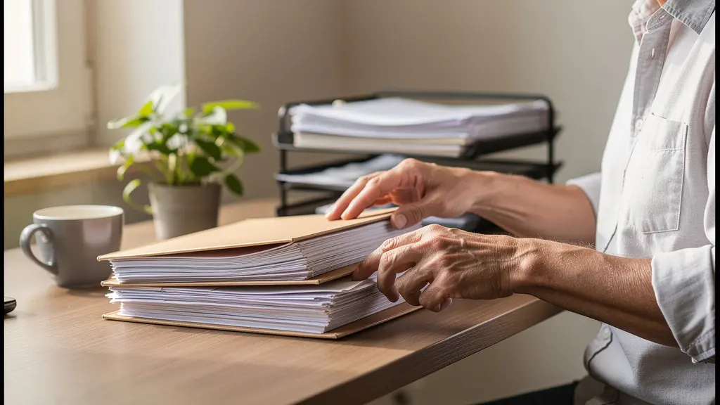Personne organisant ses documents financiers dans un bureau à domicile